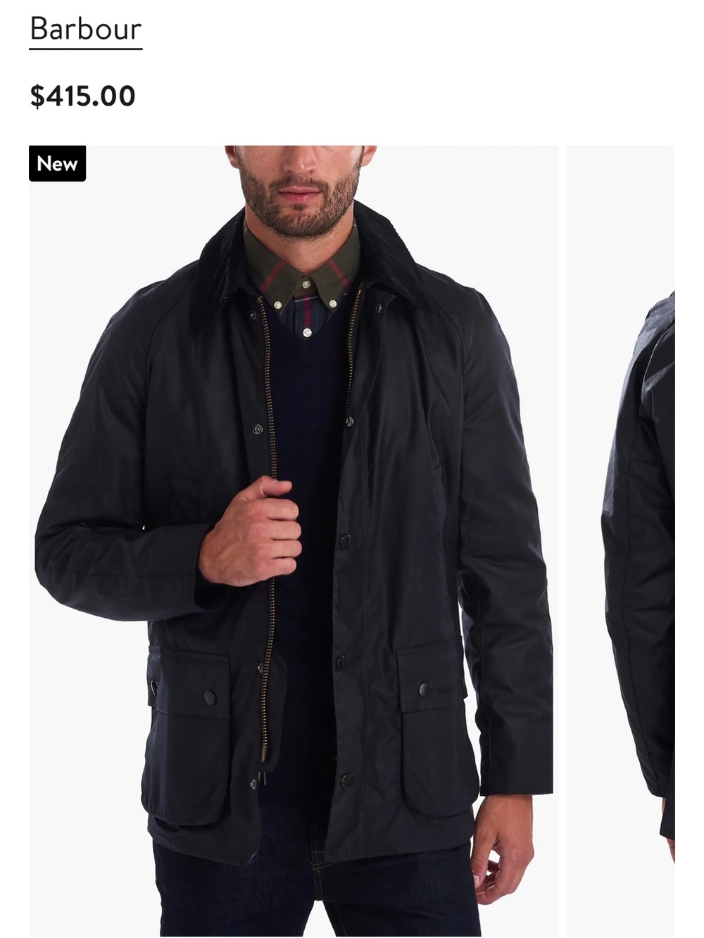 Barbour Ashby Waxed Cotton Black Military Jacket with Cord Collar Tartan lining